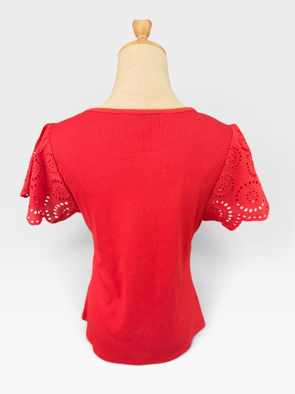 Chelsea & Theodore Red Ribbed Top with Eyelet Flutter Sleeves
